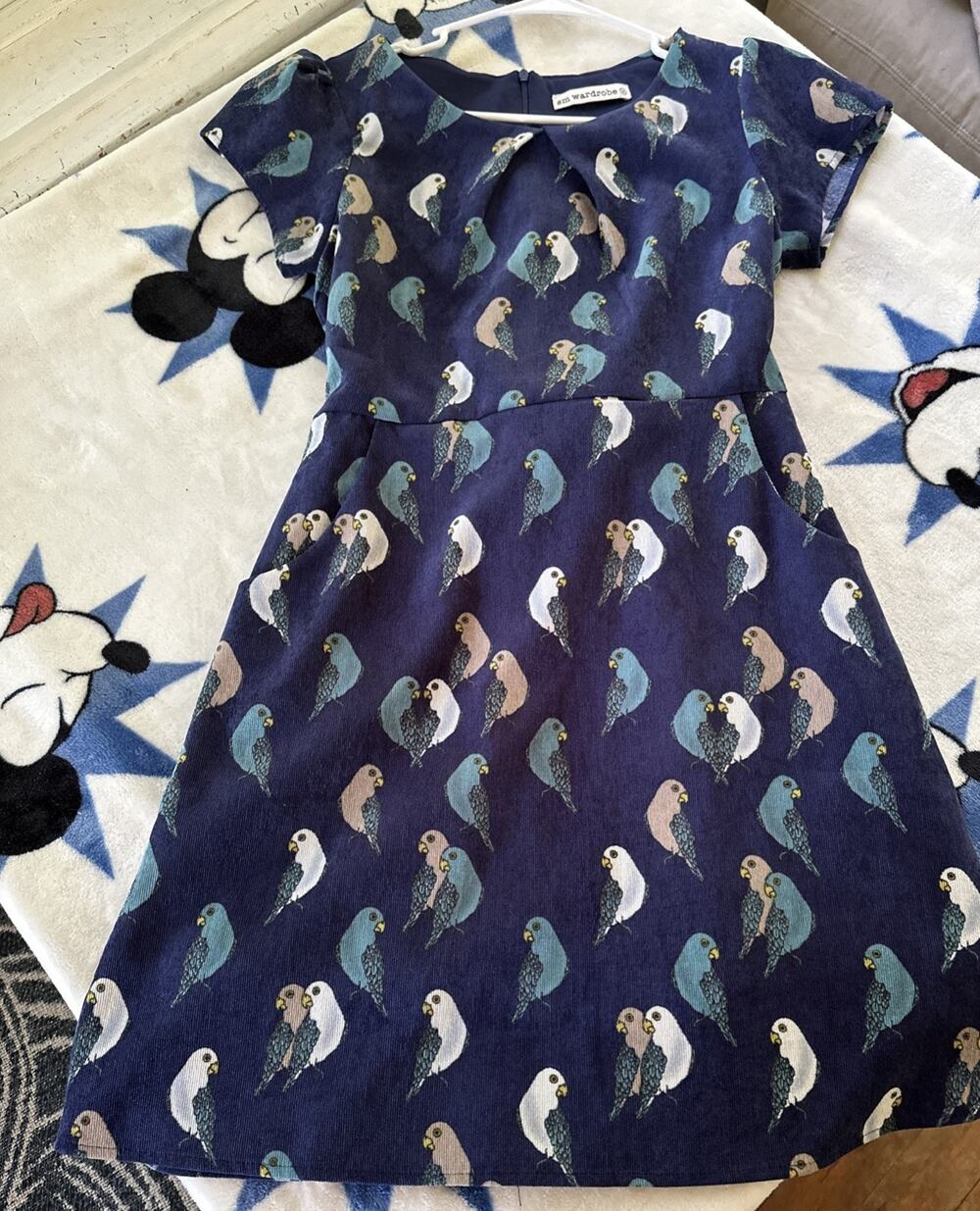 SM Wardrobe Love Bird Navy Blue Corduroy Mini Dress Medium Retro Fit & Flare